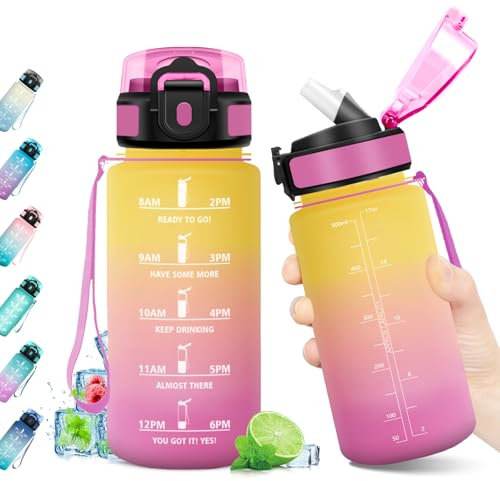 KollyKolla Borraccia 500ml, Borraccia con Cannuccia, Motivazionale, Bottiglia Riutilizzabile, senza BPA, A Prova di Perdite, Bottiglia con Marcatori Temporali per Bambini, Studenti, Ufficio, Sportive
