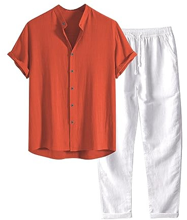 Generico Tuta Uomo Estiva, Completo Estivo da Uomo 2 Pezzi Casual per Spiaggia Tuta Completa in Cotone e Lino Maglietta + Pantaloni con Coulisse Set Uomini