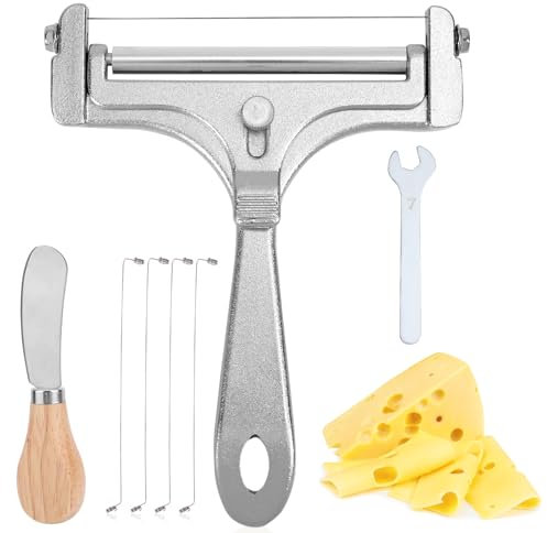 Gosknor 7pcs Cheese Slicer Kit, Adjustable Thickness Stainless Steel Handheld Wire Cheese Cutters with Replacement Wires Wrench Butter Knife Practical Kitchen Tools for Block Butter