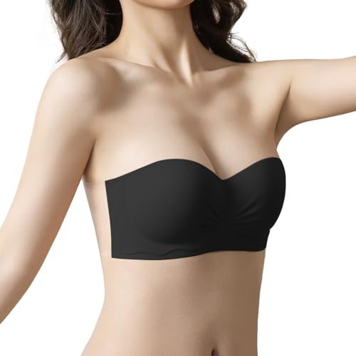 FOX-TECH Strapless Bras, Klebe BHS, Rückenfreier BH Damen, Rutschfestes Trägerloser BH Push Up(Schwarz,B)