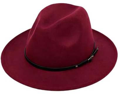 Unisex Wide Brim Fedora Hat with Belt Buckle Adjustable Classic Panama Church Hat for Women Men Wine Red