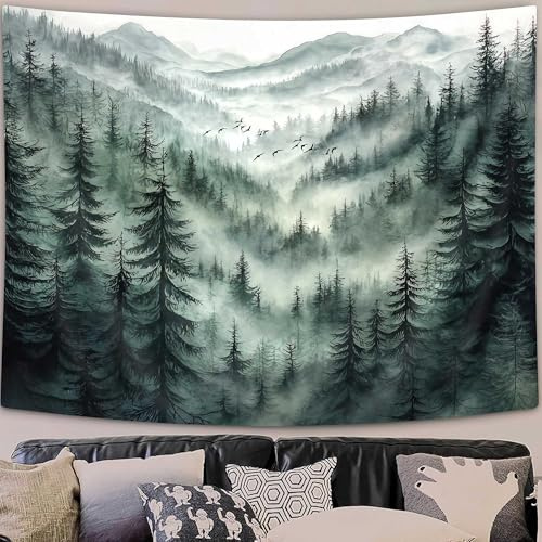Wandteppich, Motiv: Nebelwald, Berg, grüner Natur, nebliger Baum, ästhetischer Wandteppich, Landschaft, Wandbehang für Schlafzimmer, Wohnzimmer, Wohnheim, 152,4 x 101,6 cm