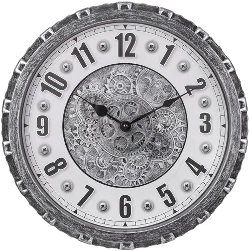 LENAUQ Moving Gears Wanduhr, 15 Zoll Moderne Zahnradschleuder-Wanduhr Vintage-Style Rustikale Einzigartige Antik-Industrieuhr für Wohnraumdekor Haus Bauernhof (Vintage Silber)