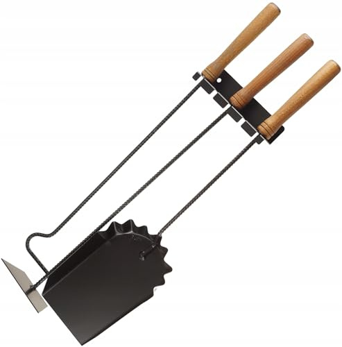 FEINZ Kaminbesteck 3-teilig mit Wandhalterung | rostfreier Stahl, Holzgriffe, Kamine, Öfen, robuste Verarbeitung, platzsparend, Reinigung, Zubehör