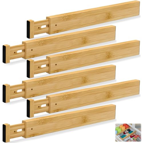 Adjustable Bamboo Drawer Dividers, 6 Pack, 32.5-43 cm, Spring Loaded | Tool-free spring tension and non-slip end pads keep sections in place; fits drawers 32.5-43 cm wide and at least 6 cm high.