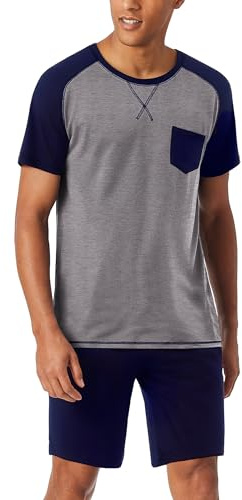 Aseniza Pyjama Homme Ete Coton Court Short Ensembles de Pyjama Shorty Vêtements de Nuit Homme Manches Courtes Col Rond Confortables et Respirants Loungewear Détente,Gris,L