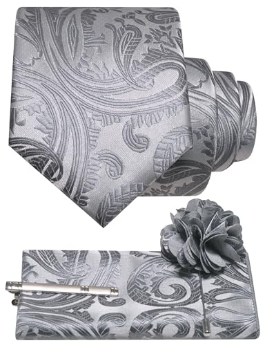 JEMYGINS Paisley Barock Muster Krawatte Set Herren Polyester Elegant Einstecktuch Krawattenklammer Ansteckblume Hochzeit Business Mehrfarbig