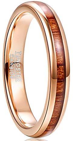 NUNCAD Mode Ringe Herren/Damen Roségold Wolfram Ring Mit Hawaiian Koa Wood Inlay für Freunde/Hochzeit/Jahrestag Ring Größe 60 (19.1)