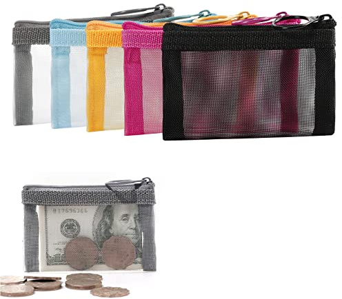 Patu Mini Zipper Mesh Bags, 3 x 4, Size XS / A8, 5 Pieces, Keychain Pouch Key Holder, Coin Purse, Clear Travel Kit Small Item Cosmetic Organizer, Assorted Colors