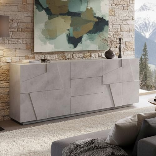 Dmora - Buffet Mason, Buffet de cuisine avec 4 portes et 3 tiroirs, Buffet de salon, 100% Made in Italy, 224x44h86 cm, Ciment