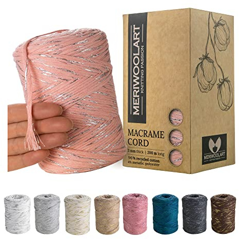 MERIWOOLART Premium Makramee Garn Rosa-Baumwollgarn 3mm x 200m-Super weiches, einfach gedrehte Schnur-Öko-Tex 96% recyceltes Baumwolle für DIY Boho Deko Handwerk, Hellrosa Lurex