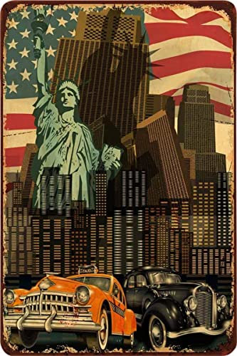 Blechschild Metall Wandposter Lustiges Deko Blechschild Für Garage Bar Küche New York City Taxi Auto,Amerika Flagge Auto Wolkenkratzer Reisen Freiheit Statue Der Freiheit 20x30cm