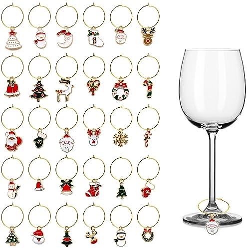 Niuhong 30 Pcs Encantos Copa Vino Anillos Marcado Vidrio Reutilizables Marcador Fiesta Decoración Colgantes Marcadores Anillo Vidrio Bricolaje (Navidad)