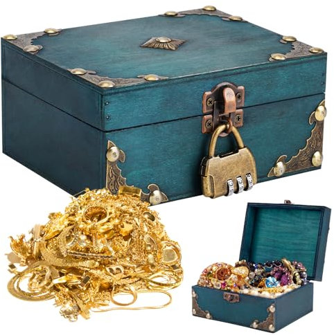 AMPUTEE Pirate Treasure Chest Storage Box, Wooden Treasure Chest with Lock, Vintage Handmade Decorative Storage Box for Jewellery Toy Halloween Christmas Gifts（5.9x4.7x2.8in）