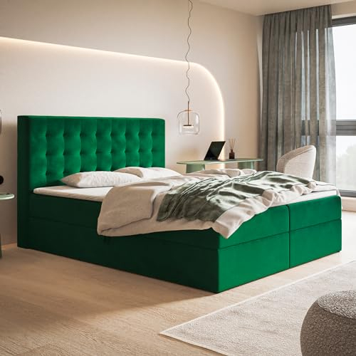 MOTIVENA Costa Boxspringbett 180x200 mit Bettkasten und Topper, Polsterbett 180x200 mit Bettkasten, Bonellfederkern-Matratze (H4), T28 Komfortschaumstoff Topper (H3), Samt, Grün (Dunkelgrün)