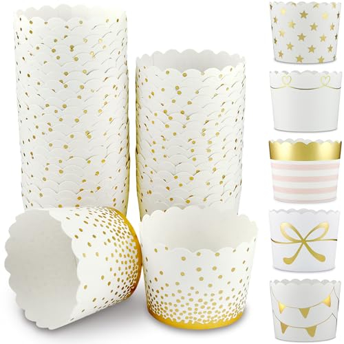 Frau WunderVoll® 100 Muffin Backformen weiß Gold (metallic) Punkte Konfetti, Durchmesser 5 cm/goldene Muffins Muffinbackform Muffinform Form Backförmchen Cupcake Formen Förmchen Papier Cupcakeformen