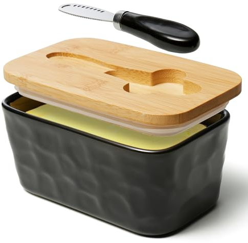 NEOPOO Butter Dish with Bamboo Lid and Knife Made of Ceramic Butter Dishes 16.5 * 10 * 7.5 cm ( 500 ML Capacity / Black)