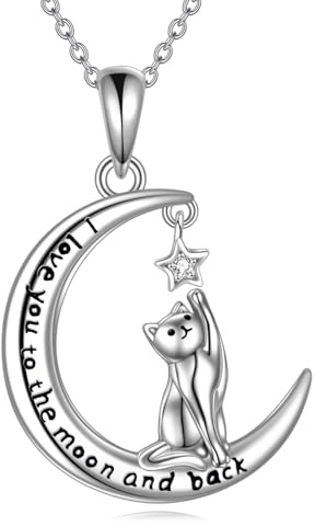 YFN Katzen Kette Sterling Silber Katze auf dem Mond Anhänger Halskette Katze Schmuck Geschenke für Damen Mädchen