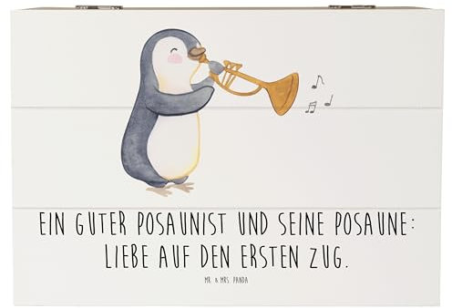 Mr. & Mrs. Panda 22 x 15 cm Holzkiste Posaune Liebe - Geschenk, erster Zug, Musiker, Schatzkiste, Blechblasinstrument, Musik, Geigen, Orchester,