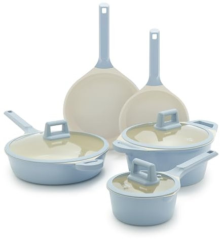 GreenLife Arte 8 Piece Ceramic Nonstick Cookware Pots and Pans Set, Induction Suitable, PFOA & PFAS Free, Stay Cool Handles, Glass Lids, Stock Saucepans & Frying Pans, Dishwasher Safe, Blue Haze
