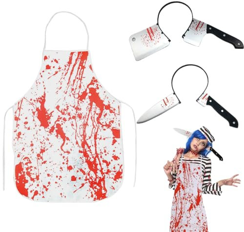 XLZJYIJ Coltello Testa e Grembiule Insanguinato, Fascia Spaventosa di Halloween per Mascherata, Gioco di Ruolo Feste a Tema Vampiro-Zombie