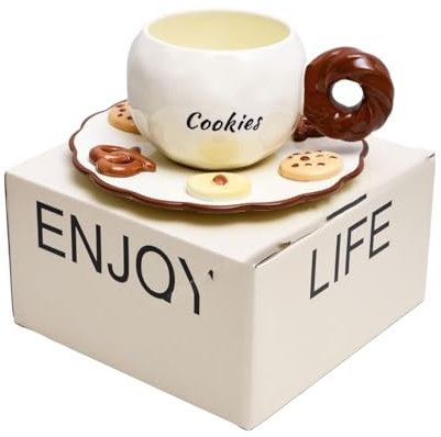 CAPIJIONG 350ml/12oz Creative Biscuit Handle Coffee Cup Plate Set Simple And Cute Coffee Cup-Deep brown cup handle - color box packaging