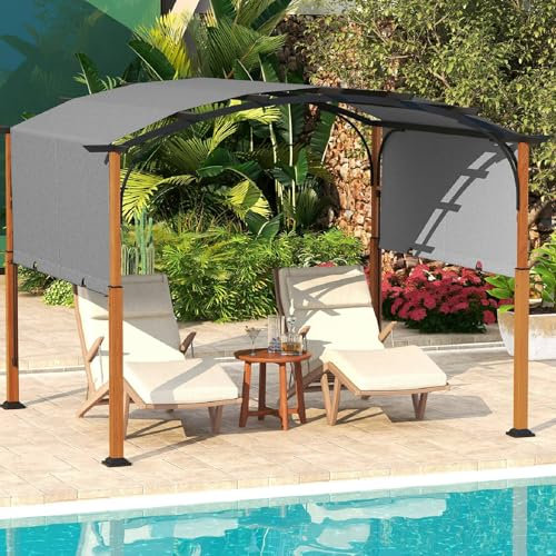 Pérgola retráctil de metal para exteriores de 10 x 12 pies con postes similares a la madera y 16 clavos de tierra, enrejado de uva para jardín, porche, patio trasero (gris)