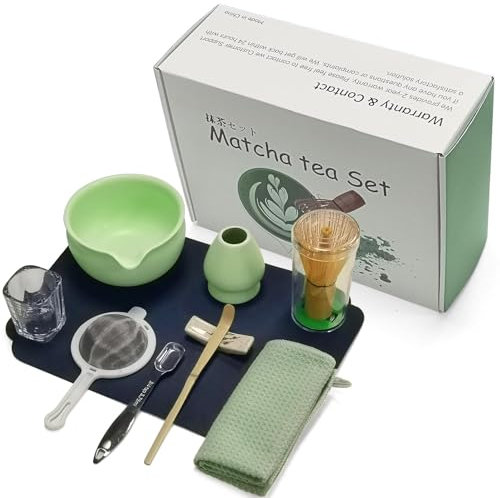 Mycketop Juego de 10 piezas con cuenco de cerámica, tazón de bambú, colador matcha, cucharadita, toalla de té, etc. - Juego completo para ceremonia del té japonesa - Regalo para los amantes del matcha