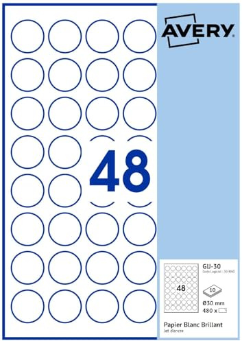 AVERY - 480 Etiketten für Tintenstrahldrucker, weiß, glänzend, 30 mm, rund