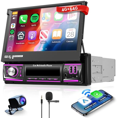 4G+64G Sans Fil Carplay Android Autoradio 1 Din avec Sans Fil Android Auto Navi GPS WiFi 7 Pouces Écran Tactile Rétractable Autoradio avec Mirror Link Bluetooth FM/RDS Radio EQ/USB/SWC Caméra de Recul
