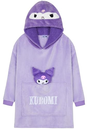 Hello Kitty Sanrio Sudadera con Capucha Niña, Kuromi Cinnamoroll Manta con Mangas y Peluche Adjunto, Regalos de Anime (Morado Kuromi)