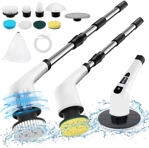 Gmiigu Elektrische Reinigungsbürste 9 in 1 Electric Cleaning Brush mit austauschbaren Bohrbürstenköpfen, Wanne mopSet, Elektrische Putzbürste mit Verstellbarem Griff für Bad Küche Auto Fußboden