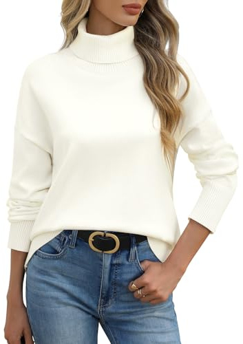 PASUDA Pullover Damen Winterpullover Elegant Rollkragenpullover Warm Strickpullover Herbst Lässige Turtleneck Damenpullover Langarm Stricktop Basic Sweatshirt(Weiß,M)