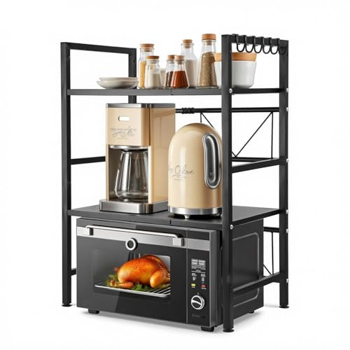 EDIMENS Expandable 3-Tier Microwave Oven Shelf | Adjustable Kitchen Countertop Storage Organizer, Spice Rack & Freestanding Home Office Printer Stand | Space-Saving Sturdy Steel Design