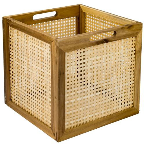 HMF Cesto portaoggetti adatto per scaffali Kallax, cestino in rattan con intreccio viennese e legno di acacia, motivo 3, 32 x 34 x 32 cm