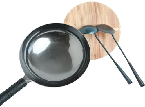 Generico Padella wok cinese in ferro battuto a mano, padelle per saltare in padella, senza rivestimento, pentola antiaderente, pentola per friggere in acciaio al carbonio,32cm/12.6in,Diameter
