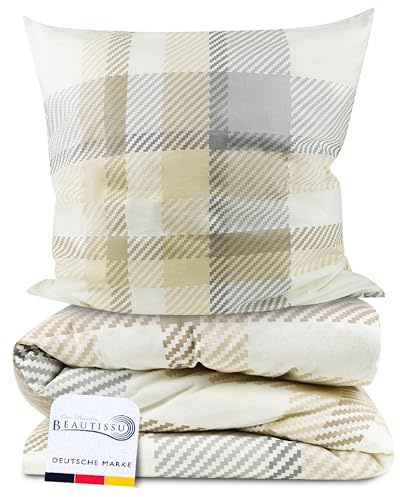 Beautissu Biber Bettwäsche 135x200 cm 2teilig Mira – Warme Flanell Winterbettwäsche Biberbettwäsche Bettbezug & Kissenbezug 80x80 cm, Warme Feinbiber Bettwäsche 135x200 Bettwäsche-Sets Beige