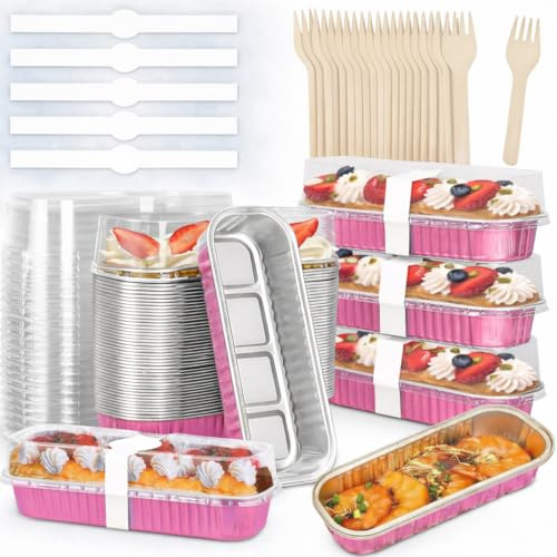 120pcs Mini Loaf Pans with Lids and Spoons, 200ml Rectangular Aluminum Foil Baking Pans Mini Cake Tins Containers with Sealing Sticker for Bread Cake Wedding Birthday Picnic Party (SET OF 30) (Pink)