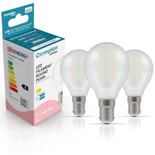 Crompton Lamps Filament Golfball LED Light Bulb SBC-B15d | 2.2W = 25W Equivalent | Warm White 2700K | Energy Efficient | Small Bayonet Lightbulb | Long Life 15,000-Hrs | Pearl Glass | 3-Pack
