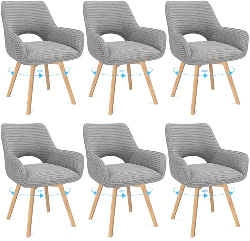 WAFTING Esszimmerstühle 6er Set Drehbar 360°,Armlehnstuhl,Küchenstuhl,Grau | Holzbeine,Buche,Cord Stoff,Küchenstuhl,Wohnzimmerstuhl,Polsterstuhl mit Samt,Restaurant,Schlafzimmer,Esszimmer,Konferenzraum
