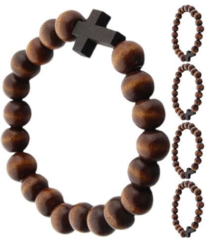 COLLBATH 5 St Kors Träarmband Herrarmband Pärlor Kristet Armband Herrbönearmband Träpärlarmband Katolskt Pärlarmband Herr Korspärlarmband Ljusbrunt