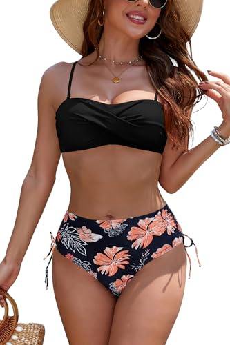 SHEKINI Bikini bandeau sans bretelles pour femme, maillot de bain deux pièces torsadé sur le devant avec cordons de serrage réglables