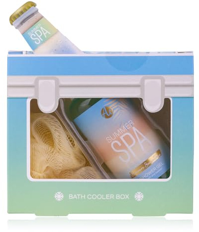 Set de baño Accentra SUMMER SPA en caja de regalo para mujeres, set de regalo de bienestar para el baño y la ducha con gel de ducha de 100 ml y esponja de red, set de cuidado perfumado para regalar