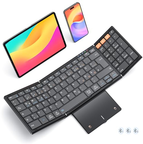 MEETION Faltbare Bluetooth-Tastatur mit Touchpad, QWERTZ, Kabellos | Tragbare, wiederaufladbare Tastatur mit Ziffernblock, kompatibel mit iPad, Windows, Mac, Android, iOS und Laptops