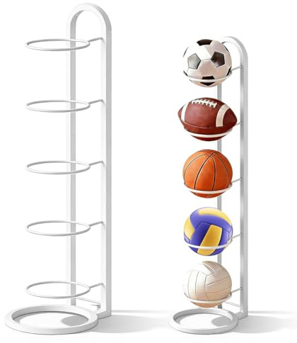 Occzin Supporto per palla a 5 livelli e supporto per palloni da calcio, basket, pallavolo, verticale, in metallo, rimovibile, colore bianco