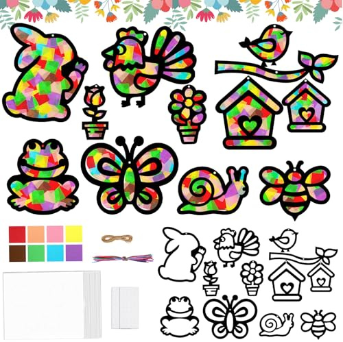AVAKY Frühling Ostern Basteln Kinder, 24 Stück Fensterbilder Frühling Bastelset Kinder, Frühlingsdeko Fenster Ostern Basteln Mädchen Jungen – Ideal Geschenk für kinder Kindergarten Vorschule