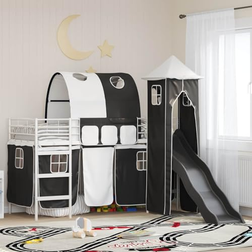 PUGYNBK Modernes Hochbett mit Rutsche, Vorhang und Turm in Weiß und Schwarz 99,5 x 190 cm aus Metall – Spielbett mit Klettergerüst und gemütlichem Schlafbereich für kreative