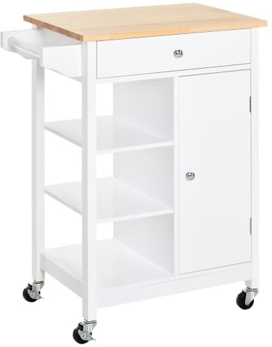 HOMCOM Kitchen Trolley Kitchen Island on Wheels, Wood Top, 3 Shelves, White | Storage Cupboard for Kitchen, Dining Room, Living Room