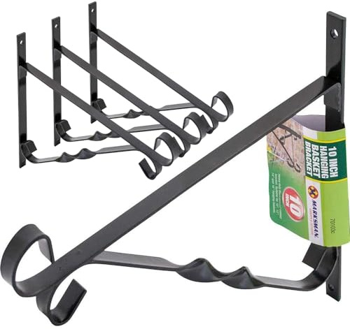 Set of 4 Hanging Basket Bracket - 12 Decoration Hook Flowers Garden Wall Mount | Plant Hanger Indoor Outdoor | Wall Mounts for Plants, Baskets, Wind Chimes, Bird Feeders, Bird House - Black Metal