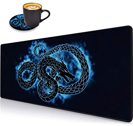 Luasao Schreibtischunterlage, Gaming-Mauspads mit Untersetzern, genähte Kanten, XXL-Mauspad für Laptop, Computer, blauer Drache, Schreibtischunterlage für Büro und Zuhause, 80 x 30 cm